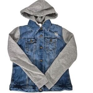 Life in Progress Forever 21 Jean jacket Womens Small Blue Denim Hooded Button Up